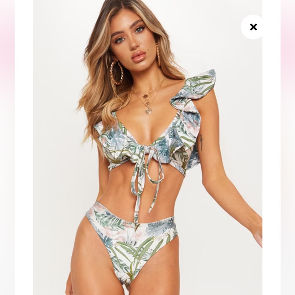 PrettyLittleThing NWT pale khaki leaf frill tie front bikini top white green